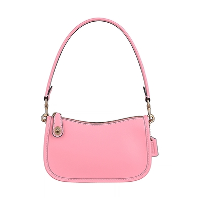 COACH Swinger 20皮標鋼印LOGO質感牛皮復古金旋鎖釦拉鍊肩背包(泡泡糖粉紅)