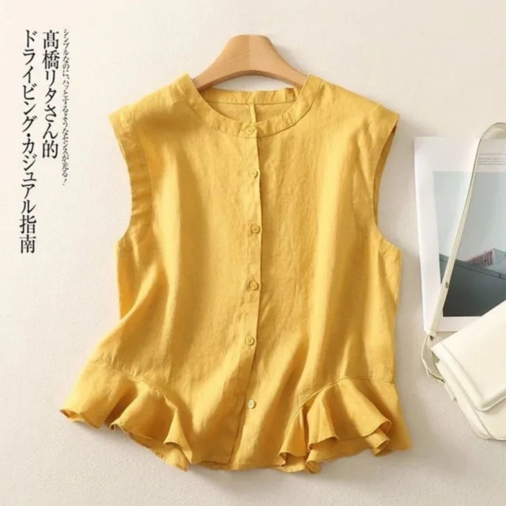 【LANNI 藍尼】★小清新荷葉下襬棉麻背心(女裝/女上衣/無袖背心/休閒/日系/通勤) (黃)