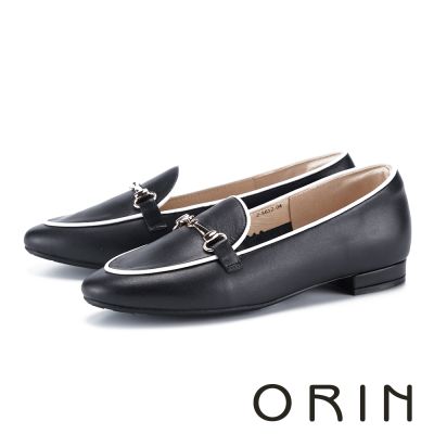 ORIN 牛皮撞色滾邊馬銜釦樂福平底鞋 黑色