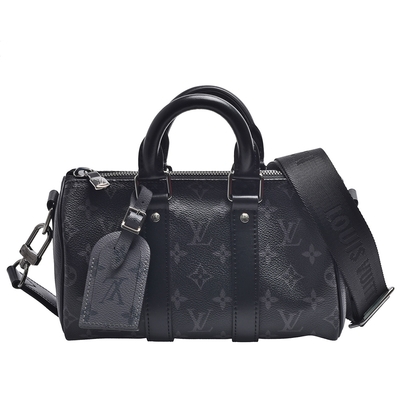 LV Louis Vuitton路易威登 M46271 KEEPALL BANDOULIÈRE 25系列Eclipse帆布拉鍊斜背包(黑)