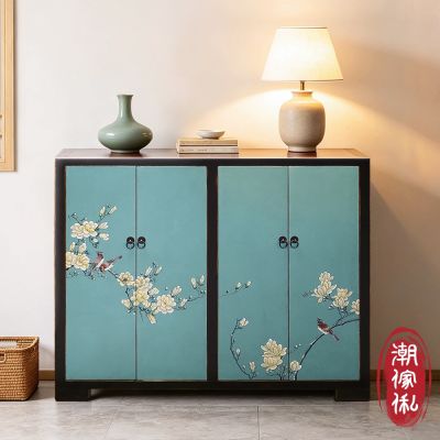 【C est Chic】鳥啼山曉手繪實木四門鞋櫃-幅118cm-黑框風化藍綠 W118*D35*H99 cm