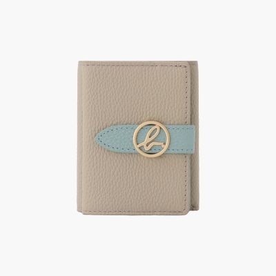 agnes b. Voyage 撞色 荔枝紋皮革 logo短夾 卡其色