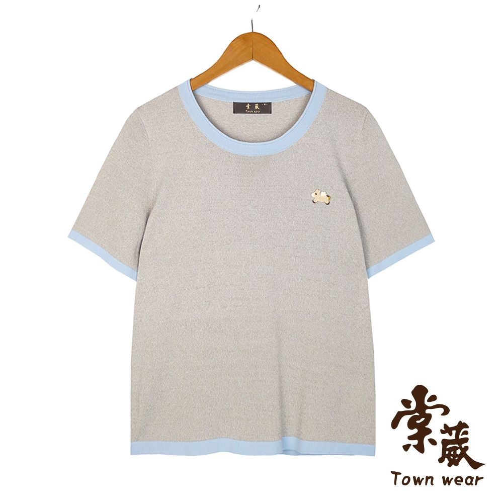 【TOWNWEAR棠葳】刺繡小馬撞色針織衫 2色(女上衣/女上著/短袖/拼接/休閒) (灰色系)