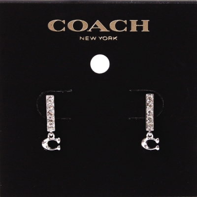 COACH  銀色金水鑽 大C字母垂吊綴飾耳針式耳環