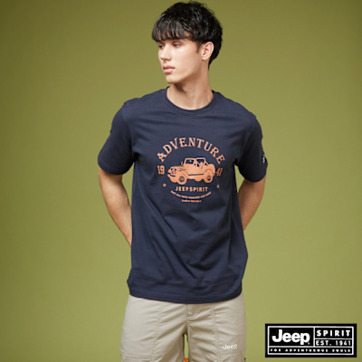 JEEP 男裝 復古吉普車印花短袖T恤-藍色