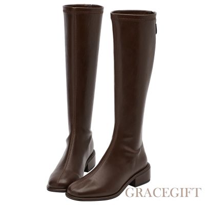 【Grace Gift】簡約達人後拉鍊中跟長靴 咖