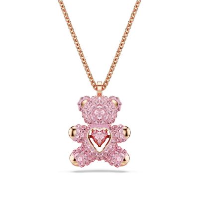 SWAROVSKI 施華洛世奇 Teddy 泰迪熊擁抱愛心粉色晶項鍊 周年慶獻禮 送禮推薦-玫瑰金 5642976