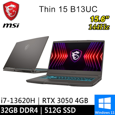 MSI微星 微星 Thin 15 B13UC-1418TW-SP1 15.6吋 灰(i7-13620H/32G/512G SSD/RTX3050 4G/W11)特仕版