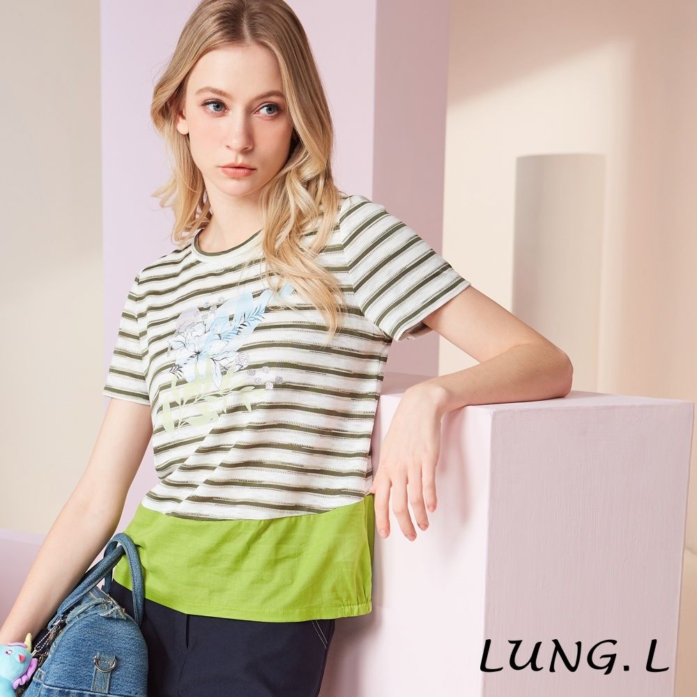 LUNG.L林佳樺 綠色條紋花卉膠印撞色下擺設計短袖上衣 LU45A