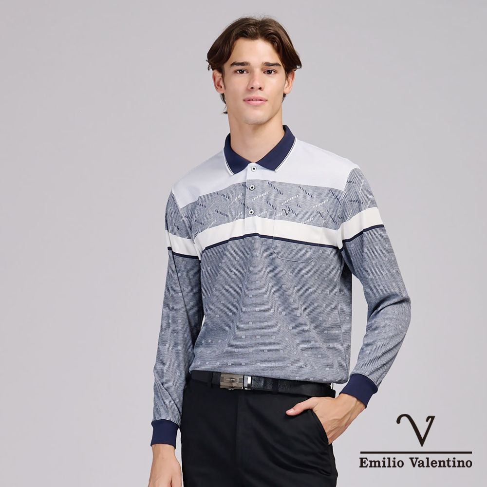 Emilio Valentino范倫鐵諾 男 長袖POLO衫 保暖蓄熱 精梳棉 磨毛 胸前口袋 POLO衫 上衣 藍/灰/白(15-6V0960)
