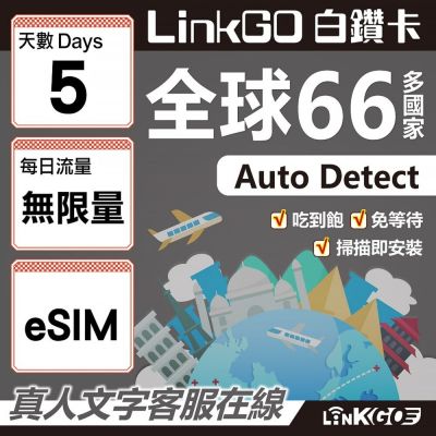 LINKGO白鑽卡 全球66國 eSIM卡 5天上網絡卡 無限流量吃到飽不降速(全球網絡卡 亞洲 歐洲 美洲 大洋洲 非洲)