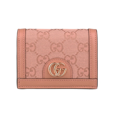 GUCCI 古馳  Ophidia立體金屬LOGO雙G帆布拼粒面牛皮4卡按釦掀蓋短夾(玫瑰金粉紅)