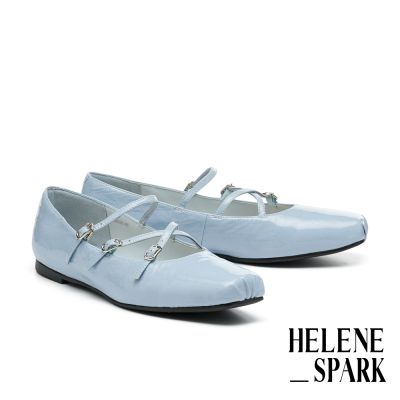平底鞋 HELENE_SPARK 優雅時尚交叉繫帶雙色超軟皺羊漆皮瑪莉珍方頭平底鞋－藍