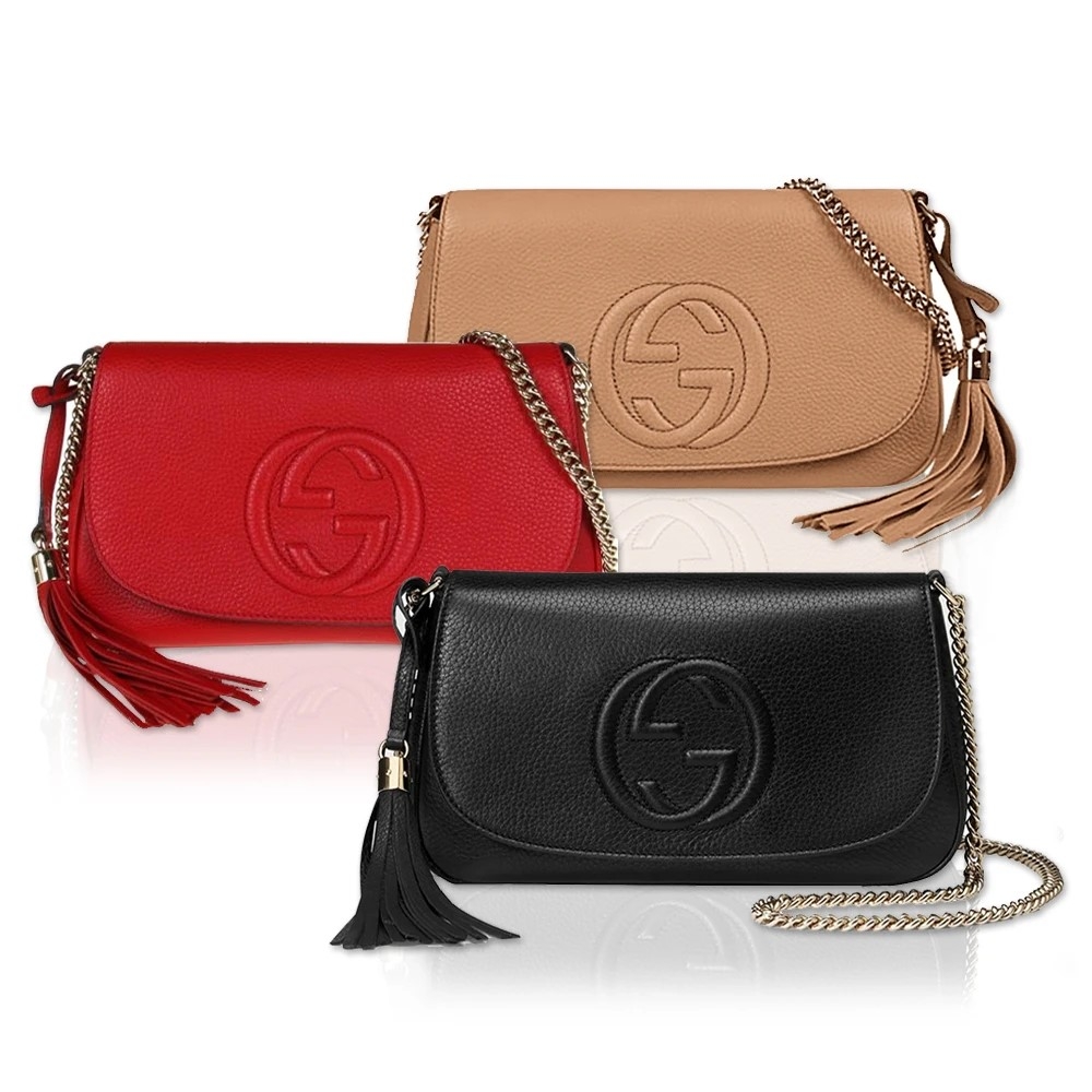 GUCCI 古馳】536224 經典SOHO系列雙G LOGO流蘇綴飾掀蓋淡金鍊斜背包/肩