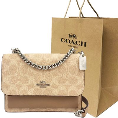 COACH 新款 ELODIE 18 C LOGO鏈帶肩背/斜背兩用風琴包附紙袋(蕎麥奶茶)