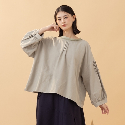 【MOSS CLUB】蕾絲領素面細褶泡泡袖長袖上衣 藍 綠