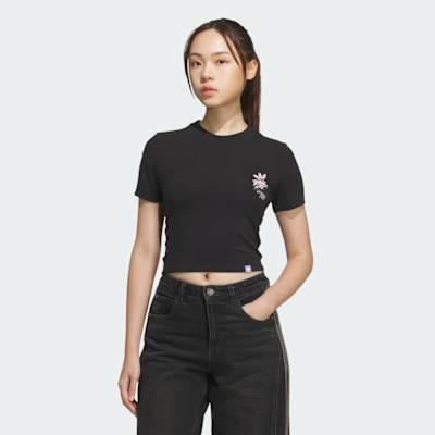 ADIDAS ORIGINALS 愛迪達 阿迪達斯 三葉草 短版 修身 女 運動上衣 短袖上衣- 黑色 CS TEE W- JN1680