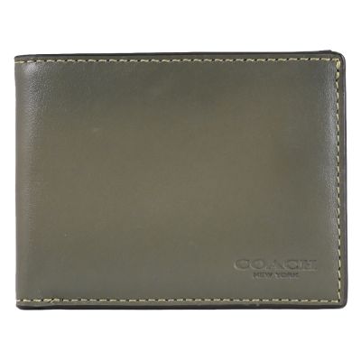 COACH 品牌烙印LOGO皮革對開式6卡短夾(綠)