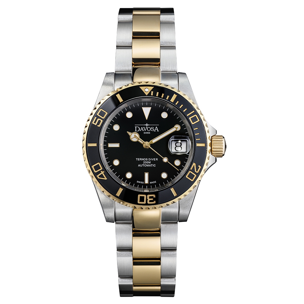 DAVOSA 161.555.30 半金黑水鬼陶瓷圈18K金專業200M潛水錶\專業潛水鋼帶