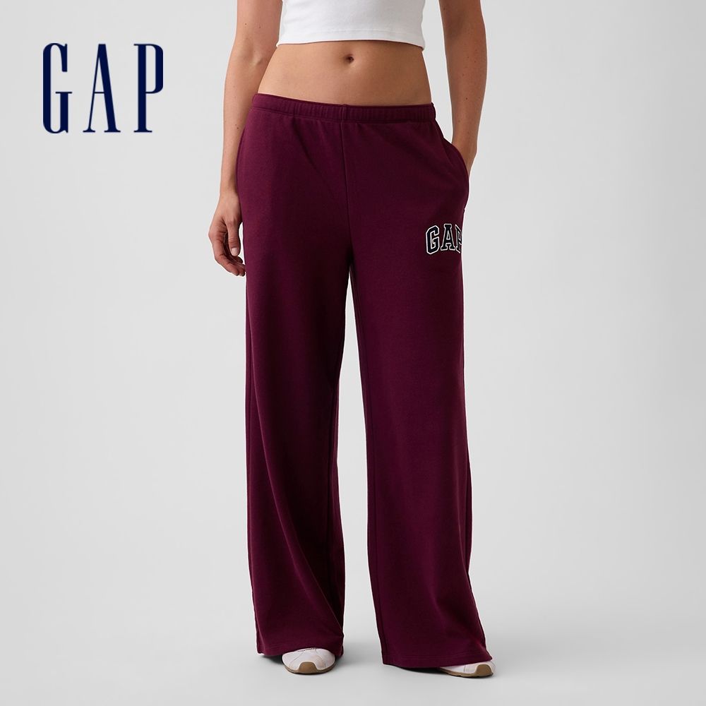 【GAP】Gap Logo法式毛圈布寬管慢跑褲-深酒紅(887992) (深酒紅)