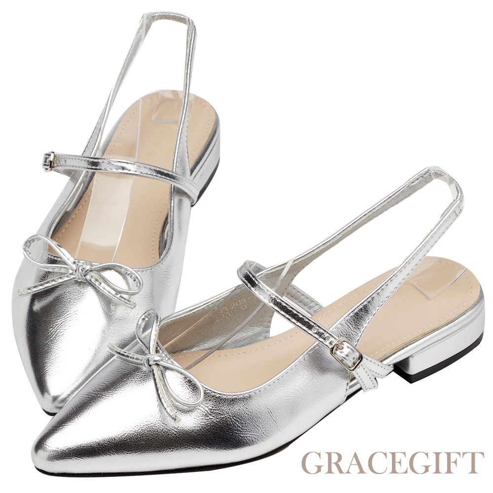 【Grace Gift】法式尖頭蝴蝶結後簍空芭蕾舞平底鞋 銀