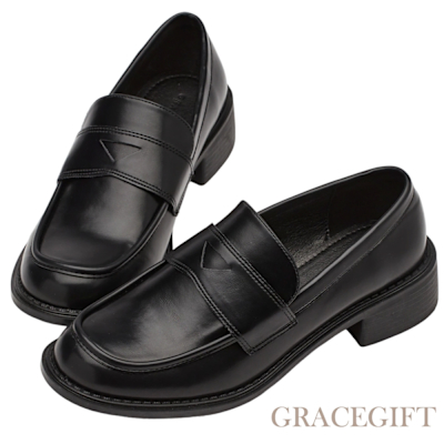 【Grace Gift】美式校園粗跟便仕樂福鞋 黑