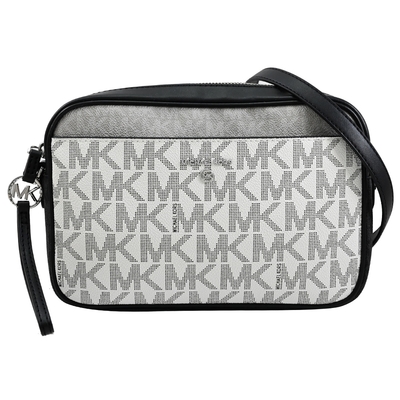 MICHAEL KORS Jet Set Charm 新版MK滿版印花撞色拉鍊手提斜背兩用方包(白/黑)
