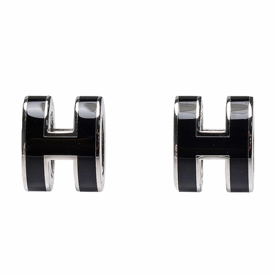 HERMES 經典Pop H立體簍空橢圓LOGO耳環(小 黑/銀)