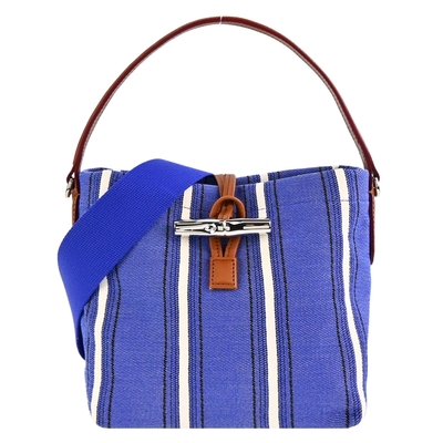 LONGCHAMP ROSEAU ESSENTIAL RAYÉ系列竹節帆布條紋兩用水桶包(小/鈷藍)