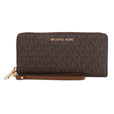 MICHAEL KORS  金字滿版防刮LOGO掛帶拉鍊長夾(深咖啡)