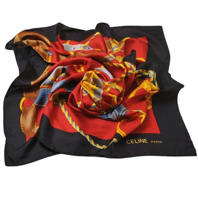 CELINE 義大利製100%蠶絲字母LOGO馬術鏈條皮帶圖騰大絲巾(紅底黑邊/88CM)