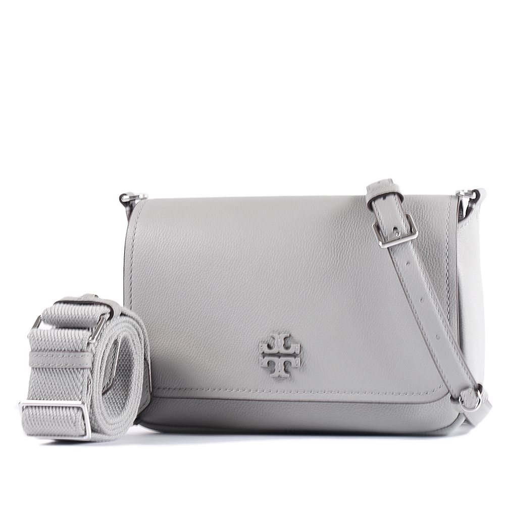 TORY BURCH THEA 皮革標鵝卵石紋雙背帶翻蓋斜背包-灰色