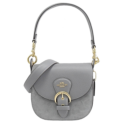 COACH Kleo 金屬馬車LOGO絨面皮革拼接翻蓋兩用包(灰)