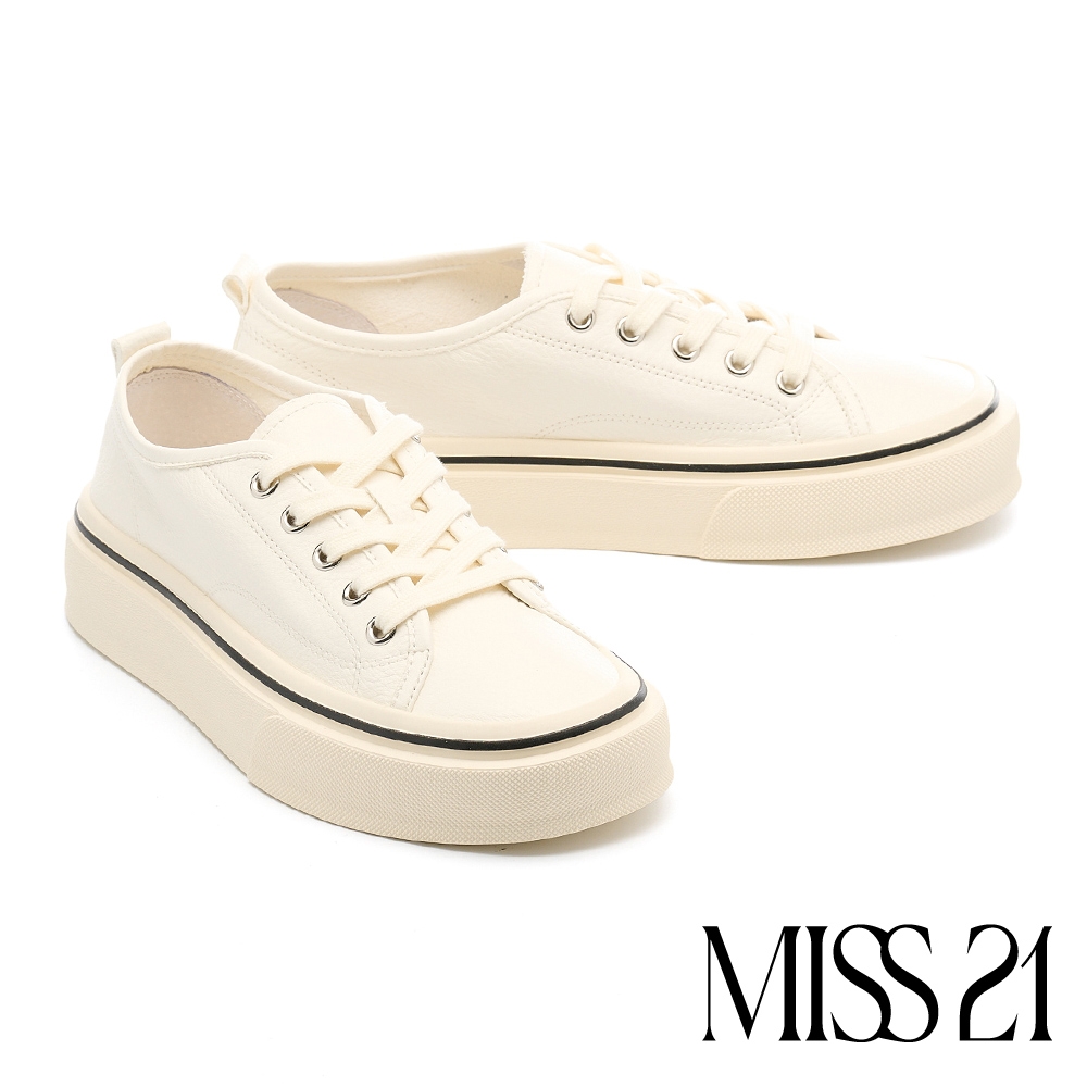 休閒鞋 MISS 21 經典百搭純色全真皮綁帶厚底休閒鞋－米白