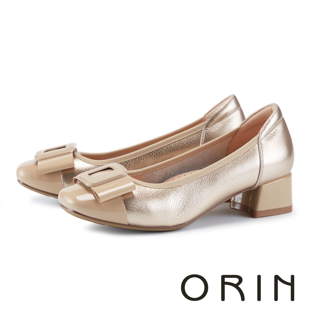 ORIN 壓紋牛皮方頭蝴蝶結粗跟娃娃鞋 金色