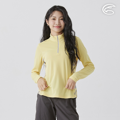 ADISI 女UPF50+防曬抑菌半門襟長袖排汗衣 AL2511022 青檸黃 (S-XL)｜抗UV 吸濕排汗 防臭 彈性 排汗衣