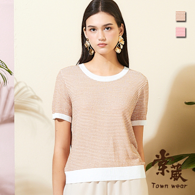 【TOWNWEAR棠葳】  立體織紋針織上衣 2色(中大尺碼/女上衣/女上著/條紋/撞色/短袖/拼接/休閒/百搭/輕薄)