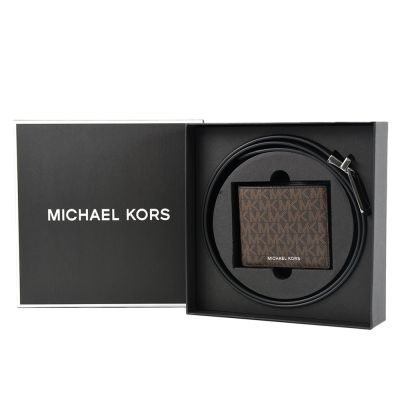 MICHAEL KORS 男款 緹花LOGO防刮短夾/雙面用皮帶禮盒-咖啡色