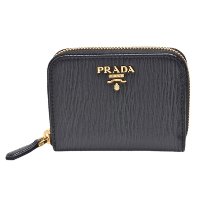 PRADA 普拉達 經典金色浮雕LOGO直紋牛皮拉鍊卡夾/零錢包(黑色)