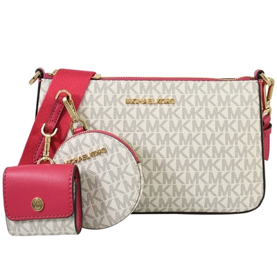 MICHAEL KORS JET SET TRAVEL 經典MK印花3合1拉鍊斜背小包(白/桃紅)