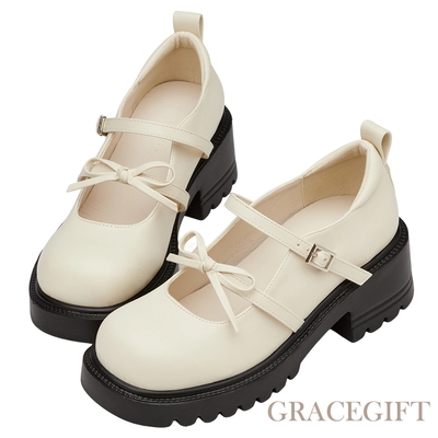 【Grace Gift】韓系方頭蝴蝶結雙帶輕量瑪莉珍鞋 米白