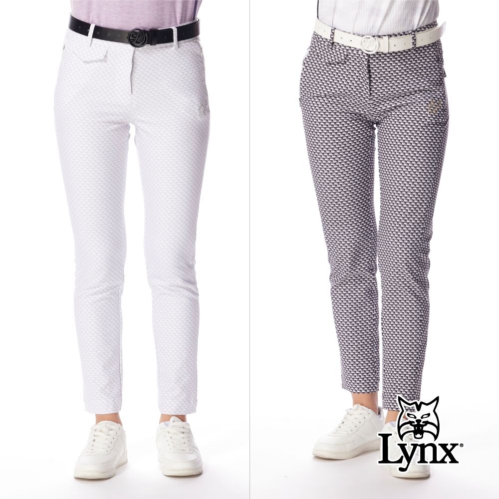【Lynx Golf】女款吸濕排汗四面彈性格紋山貓千鳥花紋九分褲設計窄管長褲(二色) (白色)