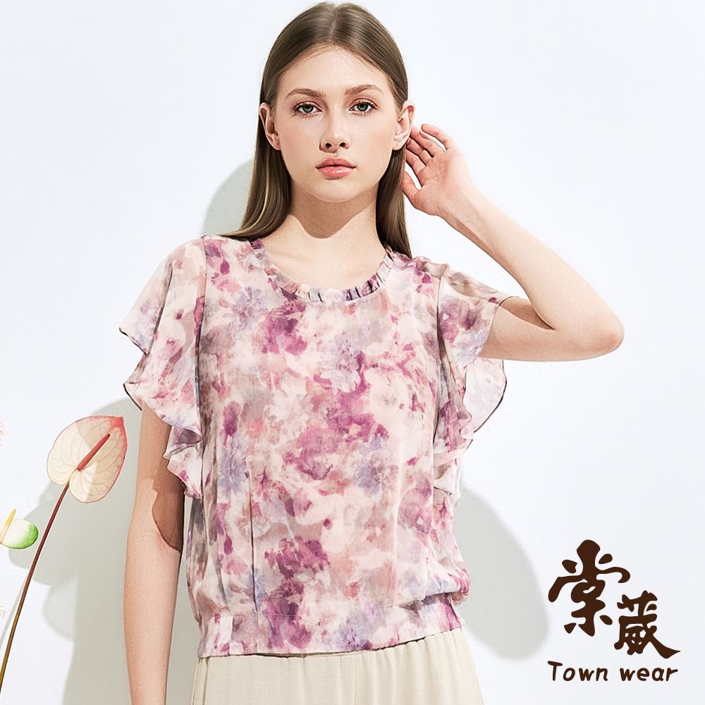 【TOWNWEAR棠葳】桃漾荷葉印花上衣(女上衣/女上著/雪紡/短袖/荷葉領/滿版/印花) (桃紅色系)