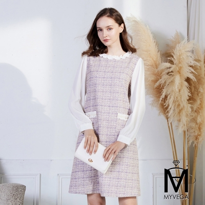 MYVEGA麥雪爾 MA小香風異材質拼接雪紡袖短洋裝-粉紫
