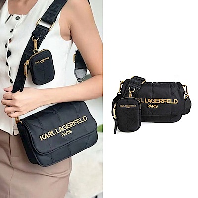 KARL LAGERFELD VOYAGE 立體金字LOGO绗縫尼龍防潑水1+1斜背包(黑色)