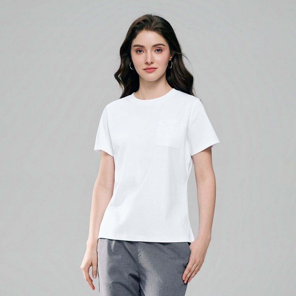 GIORDANO 女裝抗皺口袋短袖T恤 Liquid Touch系列【多色任選】 (01 標誌白)