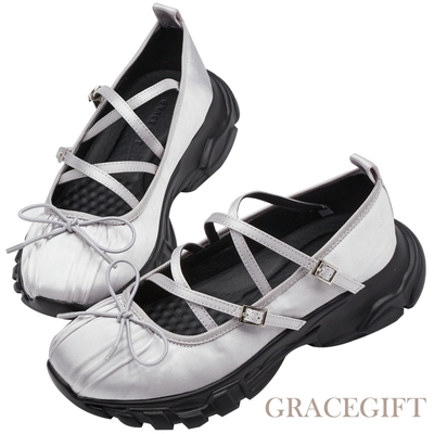 【Grace Gift】蝴蝶結細帶厚底瑪莉珍芭蕾舞運動鞋 淺灰