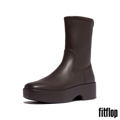 【FitFlop】F-LUMA 彈性皮革方頭厚底中筒靴-女(巧克力棕)