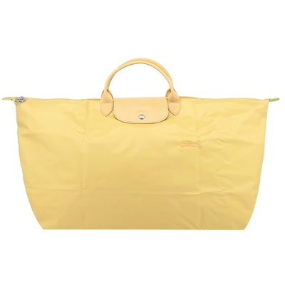 LONGCHAMP LE PLIAGE GREEN系列刺繡短把再生尼龍摺疊旅行袋(特大/小麥黃)
