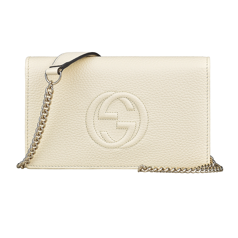 GUCCI 古馳 SOHO雙G立體LOGO荔枝紋牛皮6卡釦式鏈帶斜背包